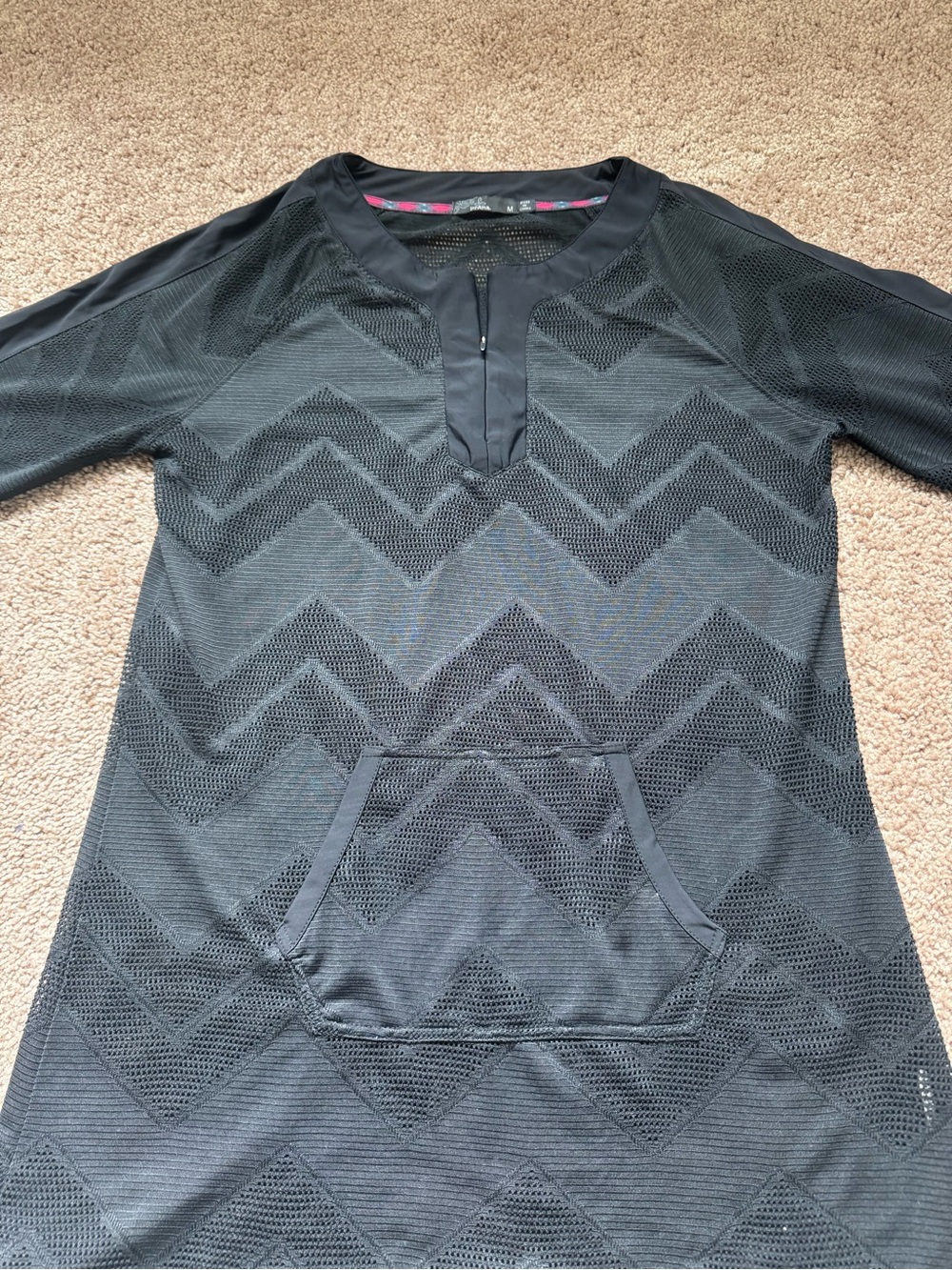 prAna Women's Chevron Mesh 1/4 Zip Swim Coverup 3/4 Sleeve M Black Pocket Beach